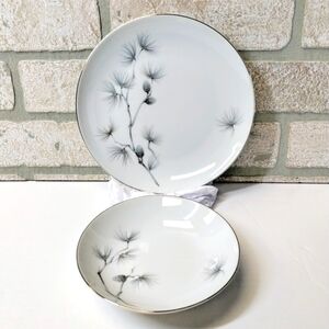 Vintage Amcrest Caroline Meito Fine China Salad Plate Bowl Winter Pine Cones